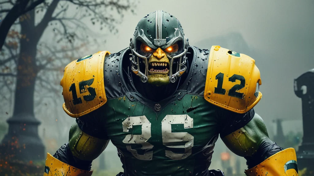 Eine bedrohliche, menschenähnliche Gestalt steht auf einem nebligen, unheimlichen Friedhof und ähnelt dem furchterregenden Maskottchen eines NFL-Teams. Sie trägt eine grün-gelbe Footballuniform mit Helm und leuchtend orangefarbenen Augen. Auf ihrer Brust ist die Nummer 35 aufgedruckt, während sich auf den Schulterpolstern die Nummern 15 und 12 befinden. Skelettartige Züge und scharfe Zähne verleihen ihr ein einschüchterndes Aussehen. Diese Beschreibung wurde mit der FootballR KI automatisch generiert.