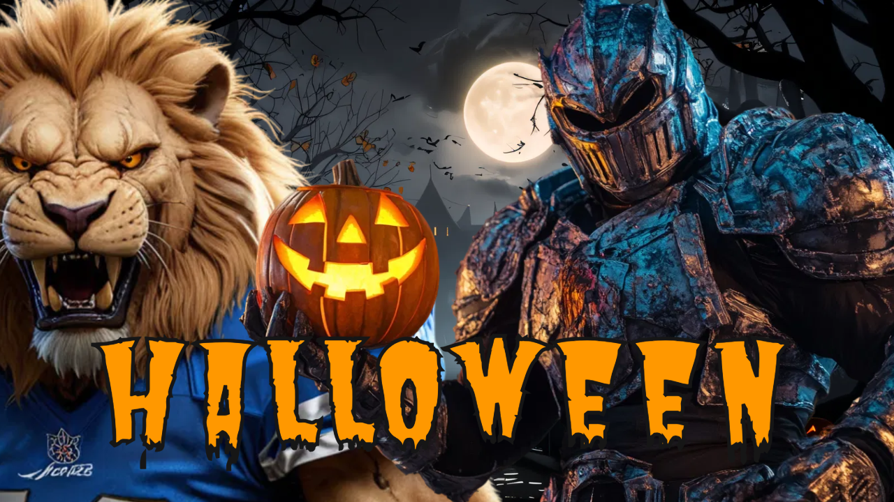 Ein Löwe in einem blauen Trikot hält eine leuchtende Kürbislaterne neben einer mittelalterlichen gepanzerten Figur. Im Hintergrund sind ein Vollmond, kahle Äste und fliegende Fledermäuse zu sehen. Das Wort „HALLOWEEN“ ist in fetten, gezackten orangefarbenen Buchstaben unten zu sehen. Diese Beschreibung wurde mit der FootballR KI automatisch generiert.