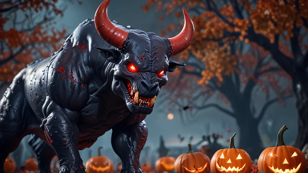 Eine bedrohliche, muskulöse schwarze Kreatur mit roten Augen und großen roten Hörnern knurrt bedrohlich wie eine Maskottchen eines NFL-Teams. Seine scharfen Zähne sind gefletscht, während es zwischen leuchtenden, geschnitzten Kürbissen steht. Kahle Herbstbäume bevölkern den nebligen Hintergrund und schaffen eine unheimliche Halloween-Atmosphäre. Diese Beschreibung wurde mit der FootballR KI automatisch generiert.