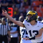 Ein Footballspieler, Jack Tuttle, trägt eine blau-gelbe Uniform mit der Nummer 13 und wirft während eines Spiels einen Football. Er wurde mitten im Wurf mit konzentriertem Gesichtsausdruck aufgenommen, während er spielt, während die digitale Anzeigetafel die Nummer 3 anzeigt. Andere Spieler und ein Schiedsrichter verschwimmen im Hintergrund. Diese Beschreibung wurde mit der FootballR KI automatisch generiert.