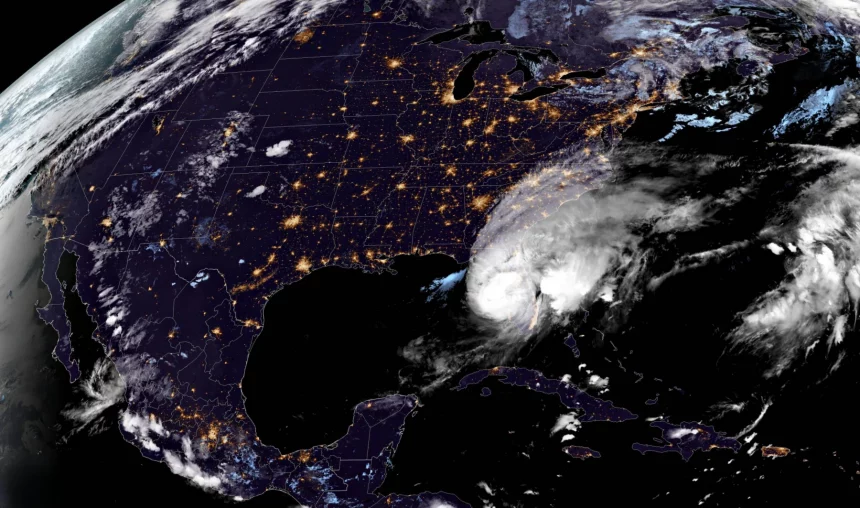 FootballR - NFL - Satellitenbild des Hurrikans Milton, der über den Südosten der USA zieht. Die wirbelnden weißen Wolken zeigen das Auge des Sturms in Küstennähe. Die USA sind von den Lichtern der Städte erhellt, wodurch besiedelte Gebiete wie die Heimat der Tampa Bay Buccaneers hervorgehoben werden, während die Erdkrümmung sichtbar ist. Diese Beschreibung wurde automatisch generiert.