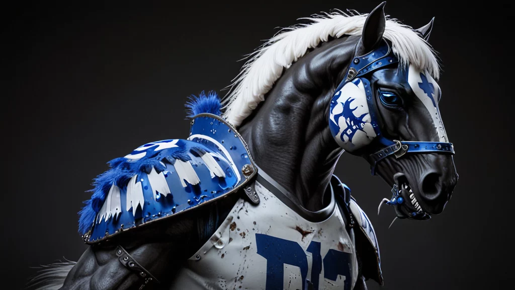 Ein majestätisches schwarzes Pferd ist in eine blau-weiße Rüstung gehüllt, die mit komplizierten Mustern versehen ist, die an ein Maskottchen eines NFL-Teams erinnern. Die Mähne ist weiß und bildet einen Kontrast zum dunklen Fell. Stilisierte, künstlerische Spritzer sorgen vor einem schattigen Hintergrund für ein markantes und robustes Erscheinungsbild, perfekt für ein Halloween-Mysterium. Diese Beschreibung wurde mit der FootballR KI automatisch generiert.