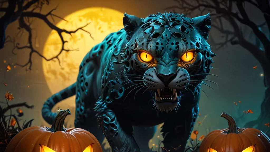 Ein mystischer schwarzer Panther, das Maskottchen des NFL-Teams, streift mit leuchtend orangefarbenen Augen und komplizierten Mustern durch einen unheimlichen Wald. Die vom Vollmond beleuchtete neblige Szene wird durch zwei bedrohliche Kürbislaternen im Vordergrund noch verstärkt und sorgt für eine perfekte Halloween-Atmosphäre. Diese Beschreibung wurde mit der FootballR KI automatisch generiert.