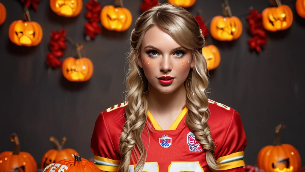 Eine Frau mit langen, welligen blonden Haaren trägt ein rot-goldenes Sporttrikot, das an ein Maskottchen eines NFL-Teams erinnert. Auf ihren Wangen hat sie kleine dekorative Kürbisse. Hinter ihr ist ein dunkler Hintergrund, geschmückt mit leuchtenden Kürbislaternen und roten Herbstblättern, die eine festliche Halloween-Atmosphäre schaffen. Diese Beschreibung wurde mit der FootballR KI automatisch generiert.