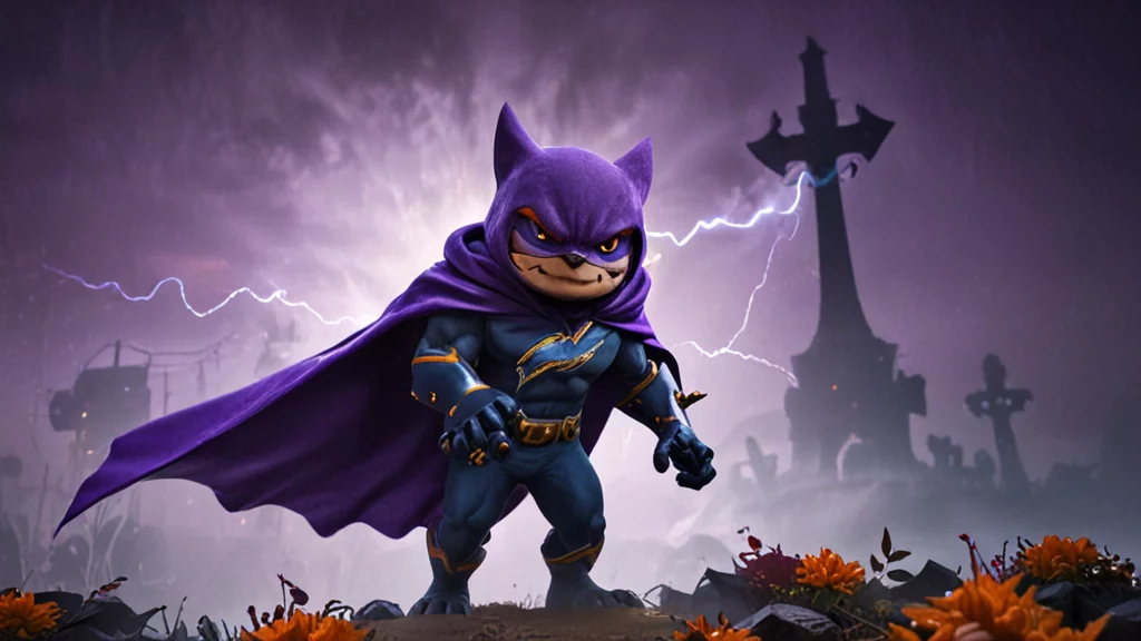 Eine wilde, katzenartige Figur steht auf felsigem Gelände und trägt einen blauen Anzug mit goldenen Akzenten sowie einen lila Umhang und eine Kapuze. Inmitten des stürmischen Halloweenhimmels mit Blitzen zeichnet sich ein schattenhaftes Kreuz ab, auf dem orangefarbene Blumen verstreut liegen – es ähnelt einem einsatzbereiten Maskottchen eines NFL-Teams. Diese Beschreibung wurde mit der FootballR KI automatisch generiert.