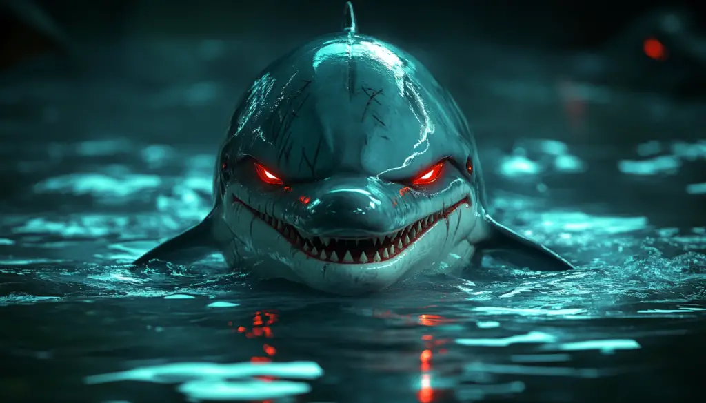 In der Halloweennacht taucht ein bedrohlicher Hai mit leuchtend roten Augen aus dem Wasser auf. Seine scharfen Zähne glänzen, während er durch das kräuselnde, dunkelblaue Wasser gleitet. Die Szene wird von einem unheimlichen Licht beleuchtet, das das einschüchternde Aussehen des Hais noch verstärkt. Diese Beschreibung wurde mit der FootballR KI automatisch generiert.