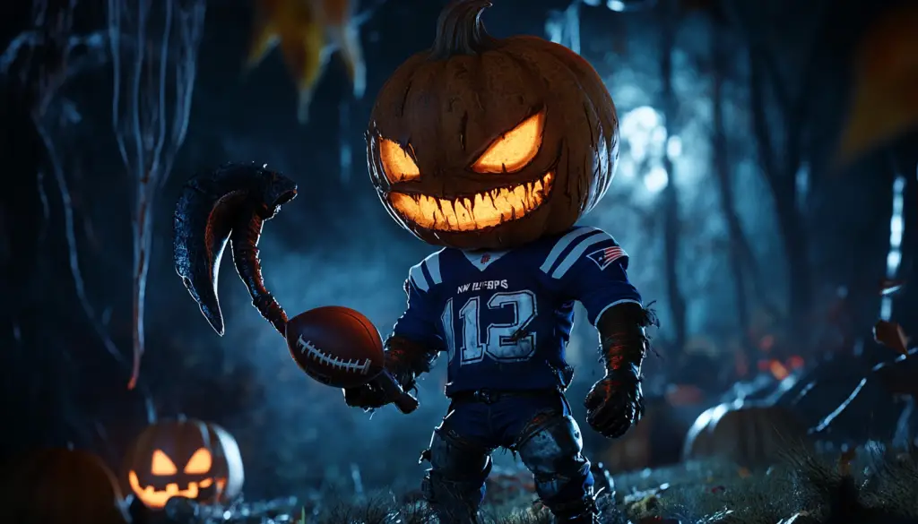 Eine Figur mit leuchtendem Kürbiskopf und finsterem Grinsen steht in einem dunklen Wald und verkörpert die Stimmung des NFL-Teams Maskottchen. Sie trägt ein Footballtrikot mit der Nummer 12 und hält in einer Hand eine Sense und in der anderen einen Football. Überall sind Kürbislaternen verteilt, die die unheimliche Halloween-Atmosphäre verstärken. Diese Beschreibung wurde mit der FootballR KI automatisch generiert.