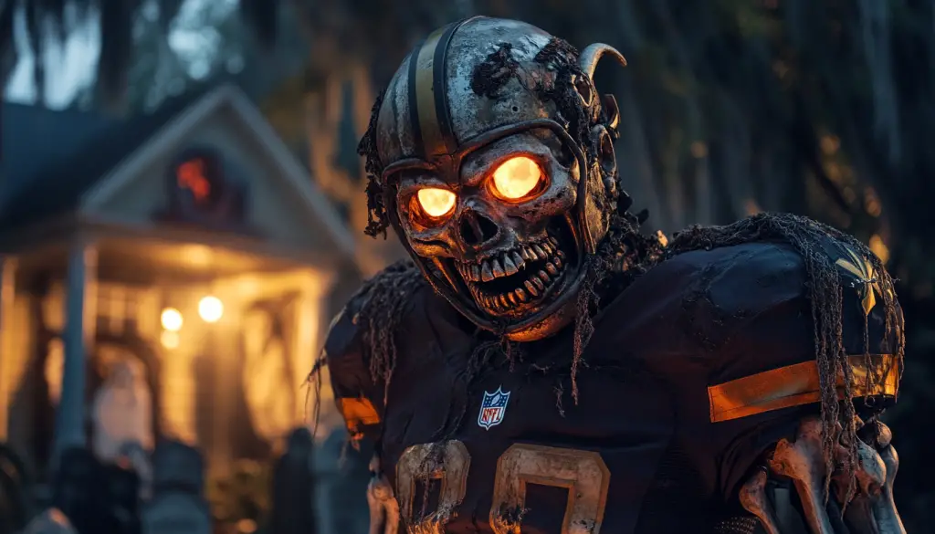 Ein bedrohlicher Zombie in einer zerfetzten Footballuniform mit der Nummer 20, die an ein Maskottchen des NFL-Teams erinnert, steht vor einem schwach beleuchteten Haus. Seine Augen leuchten in der Halloween-Nacht bedrohlich unter einem verfallenen Helm. Die neblige Szene verstärkt die unheimliche Atmosphäre rund um die warm beleuchtete, gruselige Dekoration. Diese Beschreibung wurde mit der FootballR KI automatisch generiert.