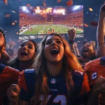 FootballR - NFL Newsletter - Eine Gruppe begeisterter Football-Fans in Teamtrikots jubelt gemeinsam in einem mit Konfetti gefüllten Stadion. Auf einem großen Bildschirm im Hintergrund, der über NFL Game Pass zugänglich ist, wird ein Live-Footballspiel übertragen, das die lebendige Atmosphäre und Spannung des Spiels unter Stadionlichtern einfängt. Diese Beschreibung wurde automatisch generiert.