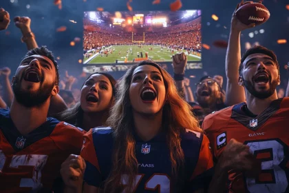 FootballR - NFL Newsletter - Eine Gruppe begeisterter Football-Fans in Teamtrikots jubelt gemeinsam in einem mit Konfetti gefüllten Stadion. Auf einem großen Bildschirm im Hintergrund, der über NFL Game Pass zugänglich ist, wird ein Live-Footballspiel übertragen, das die lebendige Atmosphäre und Spannung des Spiels unter Stadionlichtern einfängt. Diese Beschreibung wurde automatisch generiert.