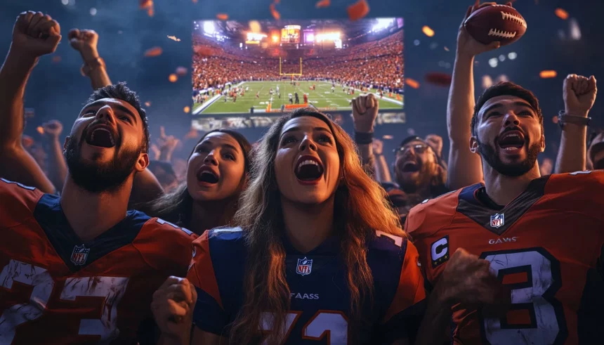 FootballR - NFL Newsletter - Eine Gruppe begeisterter Football-Fans in Teamtrikots jubelt gemeinsam in einem mit Konfetti gefüllten Stadion. Auf einem großen Bildschirm im Hintergrund, der über NFL Game Pass zugänglich ist, wird ein Live-Footballspiel übertragen, das die lebendige Atmosphäre und Spannung des Spiels unter Stadionlichtern einfängt. Diese Beschreibung wurde automatisch generiert.