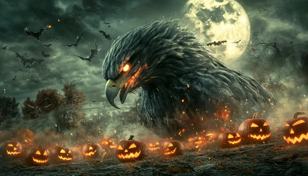 Ein riesiger Adler mit leuchtenden Augen thront über einem Feld unheimlicher, geschnitzter Kürbisse, die orangefarbenes Licht ausstrahlen, wie eine beeindruckende Halloween-Ausstellung. Fledermäuse fliegen in einem bewölkten, mondhellen Nachthimmel. Die Szene ist in Nebel und Glut gehüllt und schafft eine gruselige Atmosphäre, die dem Auftritt eines NFL-Maskottchens würdig wäre. Diese Beschreibung wurde mit der FootballR KI automatisch generiert.