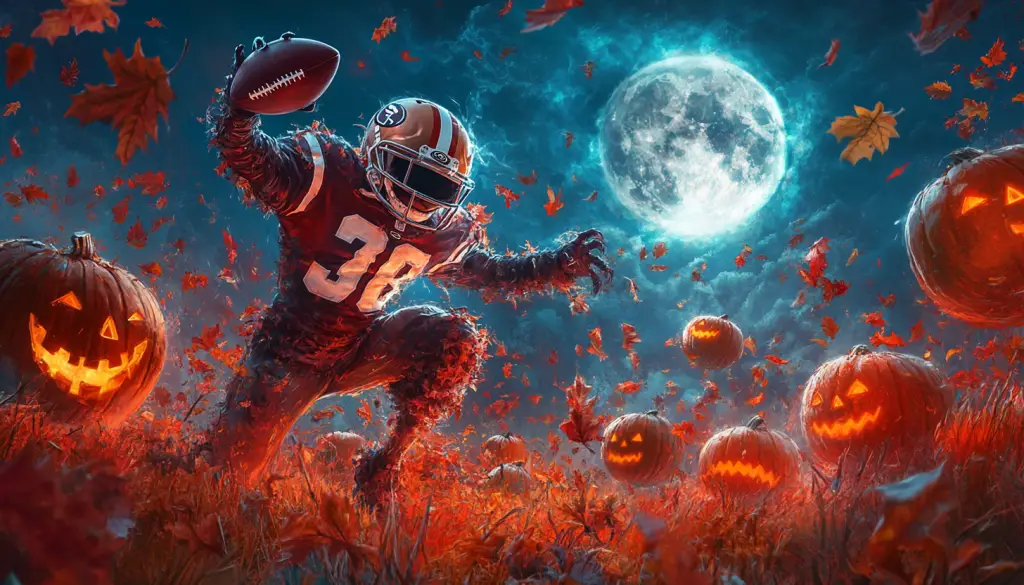 Ein Footballspieler im Werwolfkostüm hält einen NFL-Football bei Vollmond. Um ihn herum sind leuchtende Kürbisse und fallende Herbstblätter – die perfekte Team-Maskottchen für Halloween. Die Szene verbindet Sport und Grusel unter einem unheimlichen blauen und orangefarbenen Himmel. Diese Beschreibung wurde mit der FootballR KI automatisch generiert.