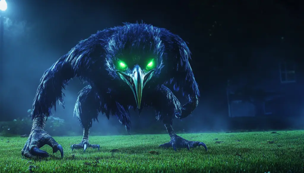 Ein großes, bedrohliches vogelähnliches Wesen mit leuchtend grünen Augen, spitzem Schnabel und dunklen, struppigen Federn kauert nachts im Gras. Es ähnelt einer NFL-Mannschaftsmaske, hat lange Krallen und scheint von einer Straßenlaterne beleuchtet zu werden, was mit Nebel und Schatten im Hintergrund eine unheimliche Halloween-Atmosphäre schafft. Diese Beschreibung wurde mit der FootballR KI automatisch generiert.