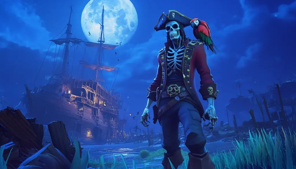 Ein Skelettpirat, perfekt für Halloween, trägt einen roten Mantel und Hut und steht selbstbewusst an einem mondbeschienenen Strand mit einem roten Papagei auf der Schulter. Im Hintergrund segelt ein geisterhaftes Piratenschiff mit leuchtenden Lichtern vor dem hellen Vollmond am wolkenverhangenen, tiefblauen Himmel. Diese Beschreibung wurde mit der FootballR KI automatisch generiert.