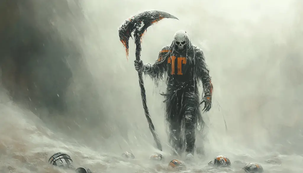 Eine mysteriöse Gestalt in zerfetzter Robe und mit einer Kapuze bedecktem Totenkopfgesicht taucht in einer nebligen, trostlosen Landschaft auf. Sie hält eine große, brennende Sense und ihr Footballhelm trägt die Nummer 17. Diese gespenstische Halloween-Szene strahlt ein unheimliches, apokalyptisches Gefühl aus, mit verstreuten Helmen des NFL-Teams Maskottchen überall. Diese Beschreibung wurde mit der FootballR KI automatisch generiert.