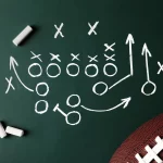 NFL Playbooks - Play Action - Tafel mit einem in weißer Kreide gezeichneten Football-Spieldiagramm im Stil der NFL-Playbooks, auf dem X und O die Spieler darstellen. Pfeile zeigen die Bewegungen der Spieler an und illustrieren Jahrzehnte der Strategieentwicklung. Zwei Kreidestifte liegen auf der Tafel, in der unteren rechten Ecke ist ein Teil eines Footballs zu sehen. Diese Beschreibung wurde mit der FootballR KI automatisch generiert.