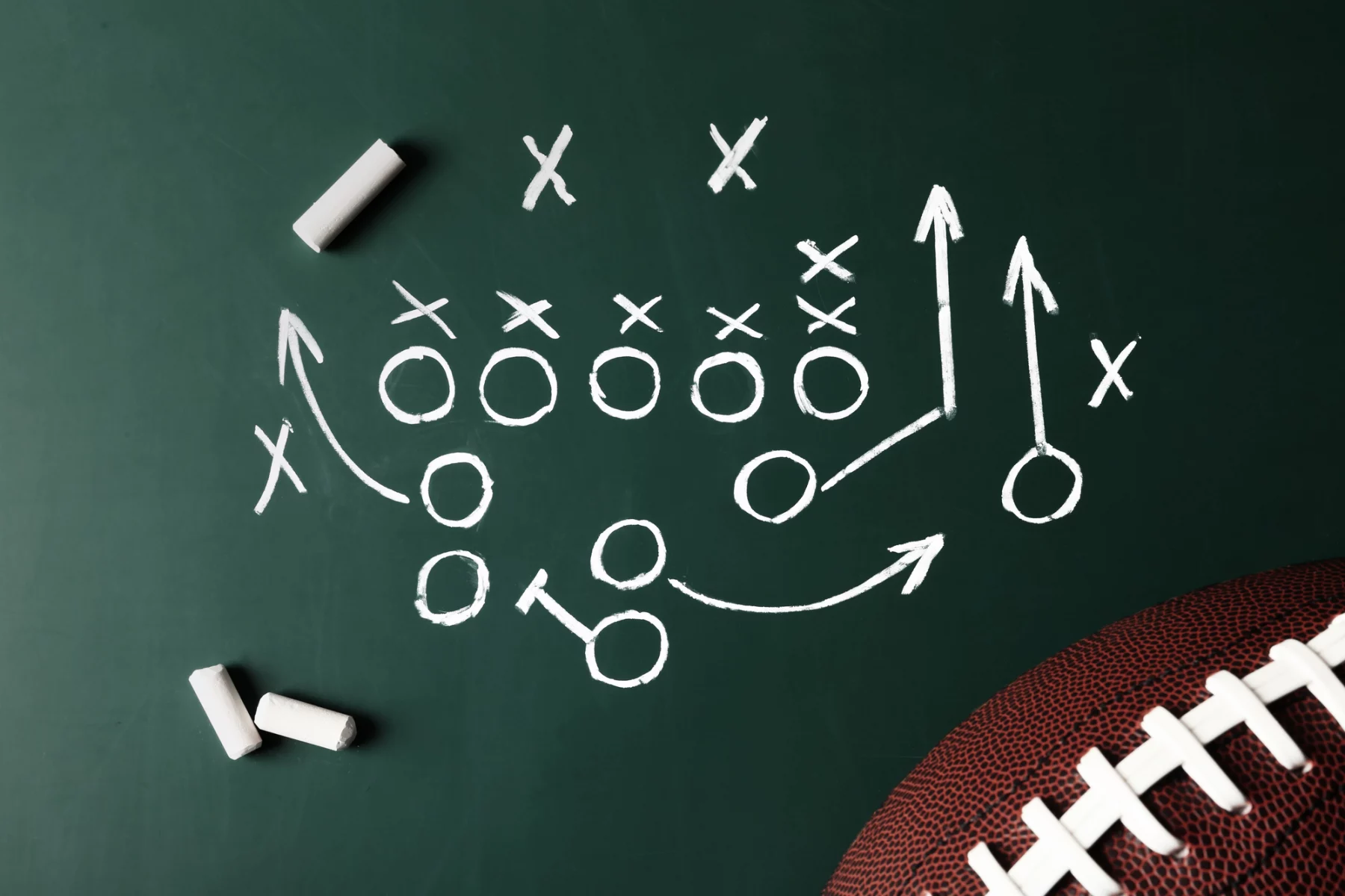 NFL Playbooks - Play Action - Tafel mit einem in weißer Kreide gezeichneten Football-Spieldiagramm im Stil der NFL-Playbooks, auf dem X und O die Spieler darstellen. Pfeile zeigen die Bewegungen der Spieler an und illustrieren Jahrzehnte der Strategieentwicklung. Zwei Kreidestifte liegen auf der Tafel, in der unteren rechten Ecke ist ein Teil eines Footballs zu sehen. Diese Beschreibung wurde mit der FootballR KI automatisch generiert.