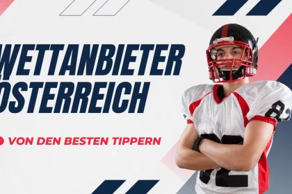 Ein Fußballspieler in rot-weißer Ausrüstung steht mit verschränkten Armen da. Der Text lautet in fetten Buchstaben „WETTANBIETER ÖSTERREICH“ und „VON DEN BESTEN TIPPERN“. Der Hintergrund weist diagonale rote und blaue Linien auf, die für einen dynamischen Look sorgen. Diese Beschreibung wurde mit der FootballR KI automatisch generiert.