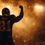 NFL Game Pass Season Pro: Ein Footballspieler in einem dunklen Trikot mit der Nummer 81 und einem Helm streckt triumphierend beide Arme in die Höhe. Vor einem dramatisch beleuchteten Hintergrund, um den herum Funken oder Regen fallen, fängt die Szene NFL-Spannung in ihrer ganzen Pracht ein. Diese Beschreibung wurde mit der FootballR KI automatisch generiert.