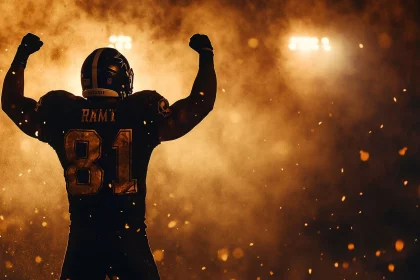 NFL Game Pass Season Pro: Ein Footballspieler in einem dunklen Trikot mit der Nummer 81 und einem Helm streckt triumphierend beide Arme in die Höhe. Vor einem dramatisch beleuchteten Hintergrund, um den herum Funken oder Regen fallen, fängt die Szene NFL-Spannung in ihrer ganzen Pracht ein. Diese Beschreibung wurde mit der FootballR KI automatisch generiert.