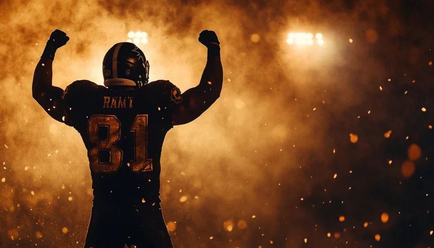 NFL Game Pass Season Pro: Ein Footballspieler in einem dunklen Trikot mit der Nummer 81 und einem Helm streckt triumphierend beide Arme in die Höhe. Vor einem dramatisch beleuchteten Hintergrund, um den herum Funken oder Regen fallen, fängt die Szene NFL-Spannung in ihrer ganzen Pracht ein. Diese Beschreibung wurde mit der FootballR KI automatisch generiert.