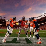 Vier Footballspieler, die den besten NFL Cornerbacks ähneln, feiern in der Endzone eines voll besetzten Stadions. Der dramatische violett-orangefarbene Sonnenuntergang verstärkt ihre Aufregung, während sie lächelnd posieren, während im Hintergrund die Fans die Tribünen füllen. Diese Beschreibung wurde mit der FootballR KI automatisch generiert.