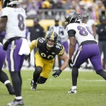 Ein Footballspieler in schwarz-gelber Uniform mit der Nummer 90 ist bereit, das Spielfeld zu betreten. Er ist von Spielern in weiß-lila Uniformen umgeben, einer trägt die Nummer 8. Diese actiongeladene Szene spielt sich inmitten einer lebhaften Menge während der NFL Woche 11 ab und ist eine weitere spannende Geschichte der Saison. Diese Beschreibung wurde mit der FootballR KI automatisch generiert.