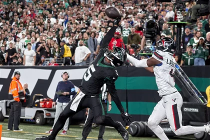 New York Jets Receiver Garrett Wilson in schwarzer Uniform springt hoch, um mit einer Hand einen Pass zu fangen, während ein Spieler der Texans in weiß-blauer Uniform versucht, ihn zu blocken. Die Szene spielt in einem überfüllten Stadion mit jubelnden Zuschauern. Beide Sportler stehen in der Nähe der Seitenlinie, nahe der Endzone. Diese Beschreibung wurde mit der FootballR KI automatisch generiert.
