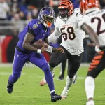 Lamar Jackson in lila Uniform läuft mit dem Ball, verfolgt von Gegnern in weißen Trikots mit orangen und schwarzen Streifen, was an einen NFL-Thriller mit Lamar Jackson erinnert. Ein Verteidiger streckt die Hand nach dem Läufer aus, während ein anderer auf dem Rasenfeld vor einem verschwommenen Publikumshintergrund näher kommt. Diese Beschreibung wurde mit der FootballR KI automatisch generiert.