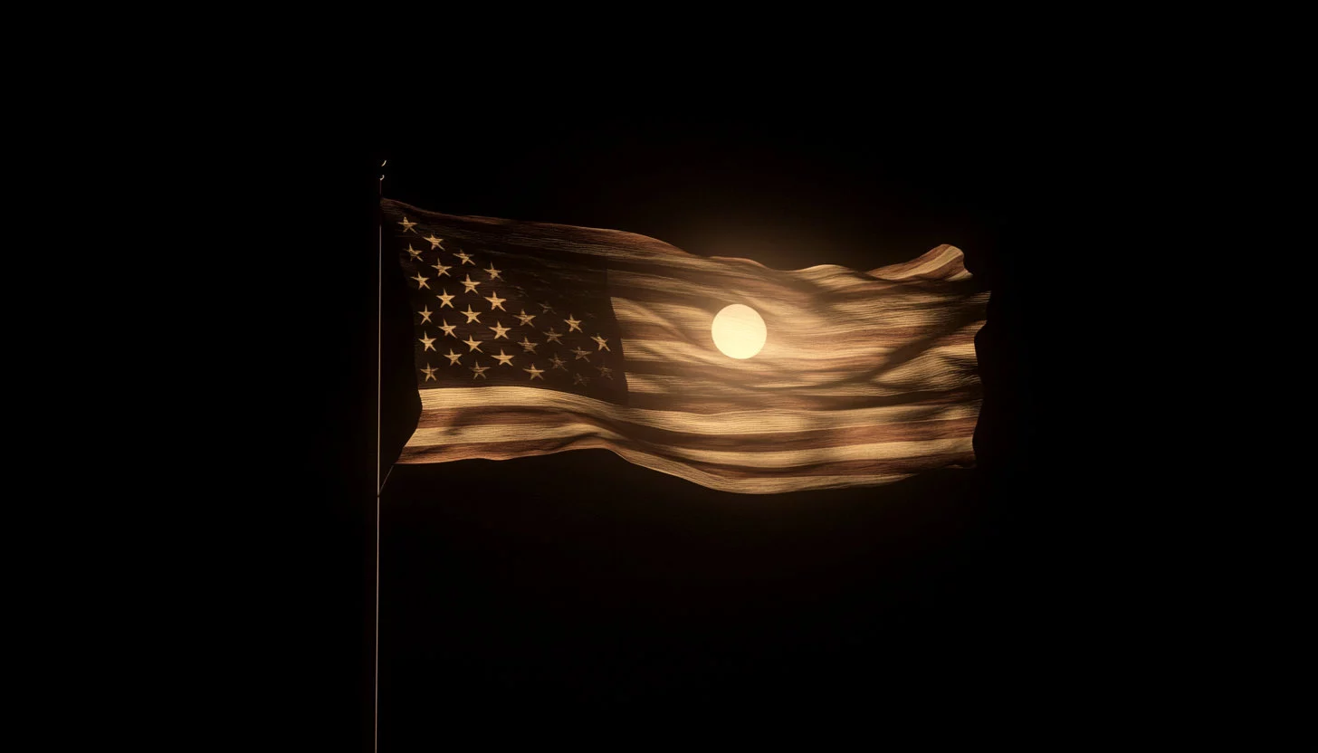 Eine leuchtende Halbmondform, wie die untergehende Sonne in Woche 16, wirft einen Schein auf eine US-Flagge, die vor einem dunklen Hintergrund weht. Die Sterne und Streifen der Flagge sind teilweise beleuchtet, was einen warmen, leuchtenden Effekt auf dem Stoff erzeugt. Diese Beschreibung wurde mit der FootballR KI automatisch generiert.