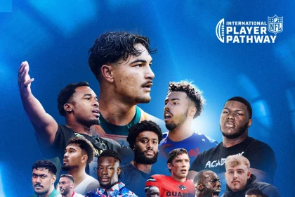 Collage verschiedener männlicher Sportler in unterschiedlicher Sportbekleidung, einige halten Sportgeräte in der Hand. Der Hintergrund ist ein Farbverlauf in Blau mit dynamischen Linien und dem Text International Player Pathway: Talent Program, Kandidaten 2025“ neben einem NFL-Logo. Diese Beschreibung wurde mit der FootballR KI automatisch generiert.
