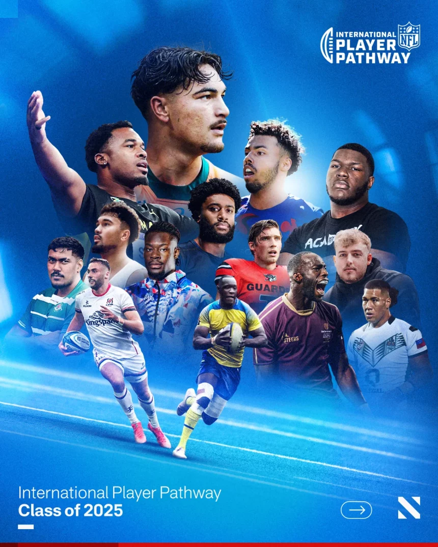Collage verschiedener männlicher Sportler in unterschiedlicher Sportbekleidung, einige halten Sportgeräte in der Hand. Der Hintergrund ist ein Farbverlauf in Blau mit dynamischen Linien und dem Text International Player Pathway: Talent Program, Kandidaten 2025“ neben einem NFL-Logo. Diese Beschreibung wurde mit der FootballR KI automatisch generiert.