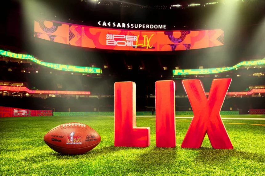 NFL Deutschland & Super Bowl LIX: Auf einem Footballfeld im Caesars Superdome sind in großen roten Buchstaben „LIX“ im Vordergrund und daneben ein Football zu sehen. Die Stadionlichter leuchten hell, während auf der Anzeigetafel „Super Bowl LIX“ in leuchtenden Farben angezeigt wird, was die Erhabenheit der NFL Deutschland widerspiegelt. Die Tribünen bleiben leer. Diese Beschreibung wurde mit der FootballR KI automatisch generiert.