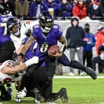 Ein Footballspieler im lila NFL-Trikot mit der Nummer 8 weicht auf dem Rasenplatz gekonnt einem Tackling eines Spielers im weißen Trikot aus. Die Action wird live übertragen, im Hintergrund sind weitere Spieler zu sehen, während Zuschauer hinter der Seitenlinie stehen und die dynamische Intensität des Spiels einfangen. Diese Beschreibung wurde mit der FootballR KI automatisch generiert.