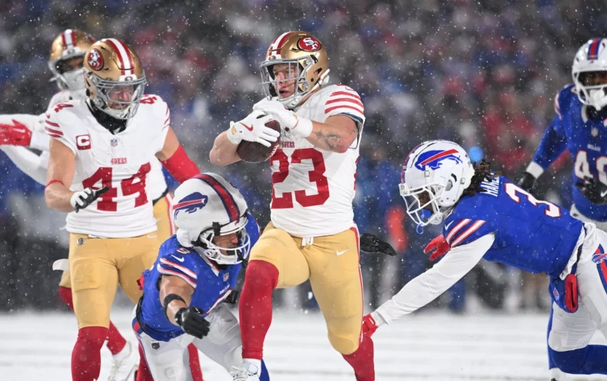 Christian McCaffrey, in einer weiß-roten Uniform, läuft mit dem Ball und weicht dabei gegnerischen Spielern in Blau und Rot aus. Schnee fällt auf das Feld und intensiviert die Atmosphäre. Als ein gegnerischer Spieler versucht, ihn zu tackeln, bleibt die Action dynamisch und intensiv. Diese Beschreibung wurde mit der FootballR KI automatisch generiert.