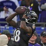 Diontae Johnson in schwarzer Uniform mit der Nummer 18 fängt während des Spiels gegen die Ravens einen Ball. Er hat Tattoos auf den Armen und trägt Handschuhe und Helm. Die Menge im Hintergrund ist dick eingepackt, einige lächeln, andere jubeln und genießen das kalte Wetter. Diese Beschreibung wurde mit der FootballR KI automatisch generiert.
