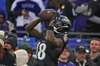 Diontae Johnson in schwarzer Uniform mit der Nummer 18 fängt während des Spiels gegen die Ravens einen Ball. Er hat Tattoos auf den Armen und trägt Handschuhe und Helm. Die Menge im Hintergrund ist dick eingepackt, einige lächeln, andere jubeln und genießen das kalte Wetter. Diese Beschreibung wurde mit der FootballR KI automatisch generiert.