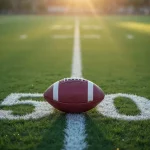 Ein Football liegt auf der 50-Yard-Linie eines Rasenfeldes, in der Mitte der weißen Yard-Markierung. Das Sonnenlicht wirft einen sanften, warmen Schein auf diesen frühen Moment der NFL-Saison 2024 und lässt eine Atmosphäre der Vorfreude auf die Rookies aufkommen, die bereit sind, in ihre vielversprechende Karriere durchzustarten. Diese Beschreibung wurde mit der FootballR KI automatisch generiert.