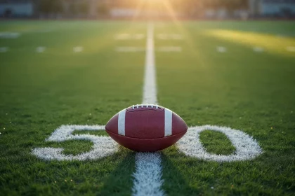 Ein Football liegt auf der 50-Yard-Linie eines Rasenfeldes, in der Mitte der weißen Yard-Markierung. Das Sonnenlicht wirft einen sanften, warmen Schein auf diesen frühen Moment der NFL-Saison 2024 und lässt eine Atmosphäre der Vorfreude auf die Rookies aufkommen, die bereit sind, in ihre vielversprechende Karriere durchzustarten. Diese Beschreibung wurde mit der FootballR KI automatisch generiert.