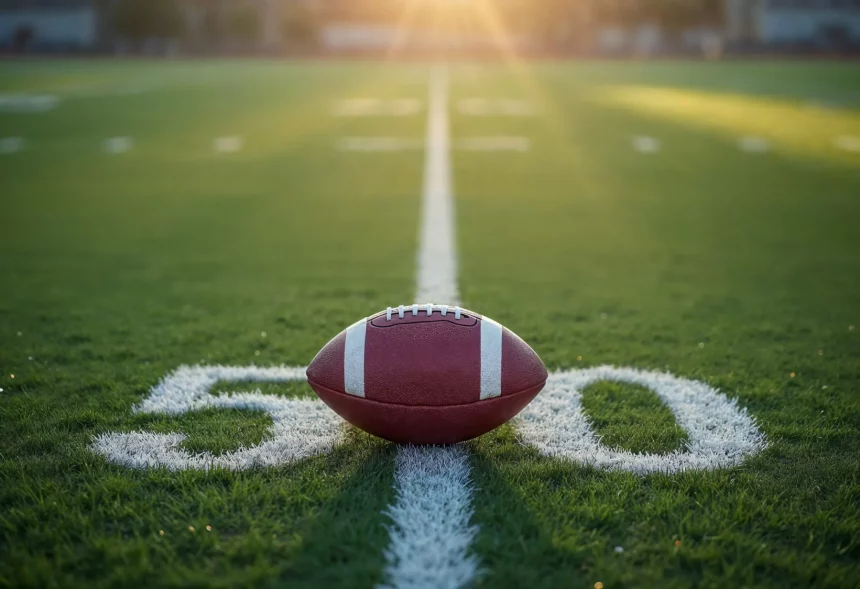 Ein Football liegt auf der 50-Yard-Linie eines Rasenfeldes, in der Mitte der weißen Yard-Markierung. Das Sonnenlicht wirft einen sanften, warmen Schein auf diesen frühen Moment der NFL-Saison 2024 und lässt eine Atmosphäre der Vorfreude auf die Rookies aufkommen, die bereit sind, in ihre vielversprechende Karriere durchzustarten. Diese Beschreibung wurde mit der FootballR KI automatisch generiert.