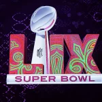 Super Bowl LIX: Stilisiertes „LIX“ in kräftigen rosa und grünen Mustern mit metallischem Glanz, symbolisiert den Super Bowl LIX. Darüber befindet sich eine silberne 3D-Footballtrophäe mit dem NFL-Logo. Darunter steht in Weiß „SUPER BOWL“. Der Hintergrund ist dunkelviolett mit subtilen geometrischen Mustern. Diese Beschreibung wurde mit der FootballR KI automatisch generiert.
