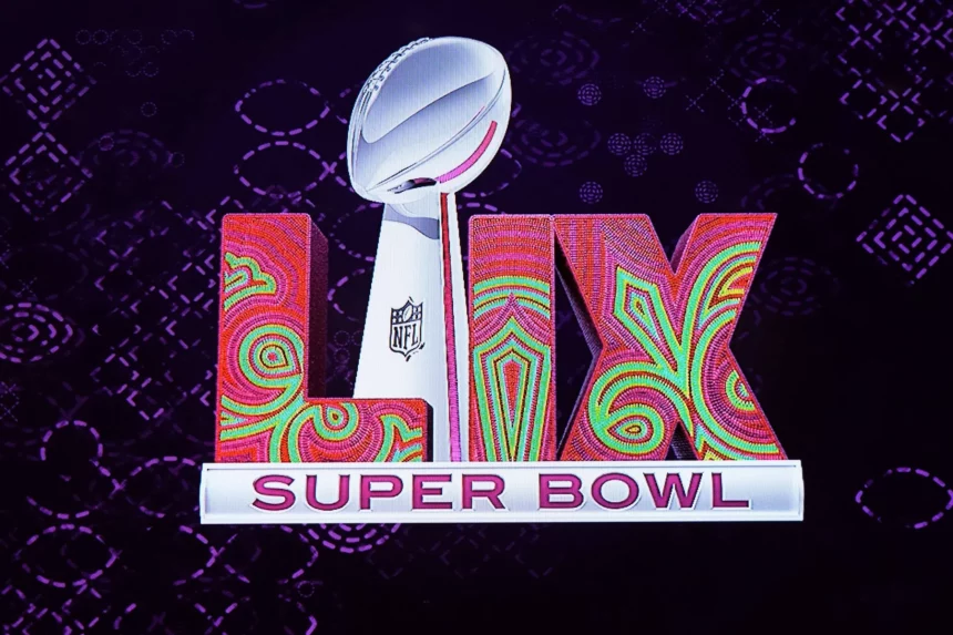 Super Bowl LIX: Stilisiertes „LIX“ in kräftigen rosa und grünen Mustern mit metallischem Glanz, symbolisiert den Super Bowl LIX. Darüber befindet sich eine silberne 3D-Footballtrophäe mit dem NFL-Logo. Darunter steht in Weiß „SUPER BOWL“. Der Hintergrund ist dunkelviolett mit subtilen geometrischen Mustern. Diese Beschreibung wurde mit der FootballR KI automatisch generiert.