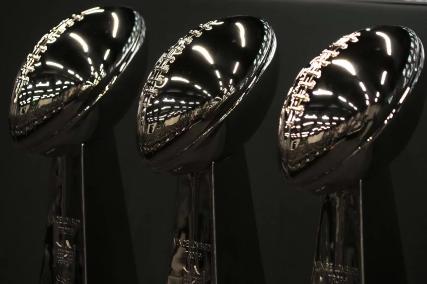 Super Bowl LIX: Drei glänzende Vince Lombardi-Trophäen glänzen unter den hellen Lichtern und werden vor einem schwarzen Hintergrund präsentiert. Die reflektierenden silbernen Oberflächen zeigen ein Muster aus leuchtenden Linien und Punkten und feiern den Ruhm des Super Bowl LIX, wobei auf jedem hohen Sockel majestätisch ein Football thront. Diese Beschreibung wurde mit der FootballR KI automatisch generiert.