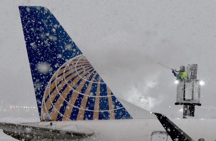 Kansas City Chiefs: Ein Arbeiter sprüht bei starkem Schneefall Enteisungsmittel auf das Heck eines Flugzeugs. Das Heck, das ein blaues Globus-Design aufweist, das an den mutigen Geist der Kansas City Chiefs erinnert, ist von großen Schneeflocken umhüllt und sorgt so für eine winterliche Szenerie auf dem geschäftigen Flughafen. Diese Beschreibung wurde mit der FootballR KI automatisch generiert.