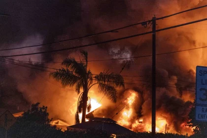 Wild Card Round: Ein nächtliches Bild eines großen Brandes, ein echter Überraschungseffekt, verschlingt ein Wohngebiet. Hohe Flammen und dichter Rauch erheben sich gegen den dunklen Himmel, während die Silhouette einer Palme davor steht. Straßenschilder weisen auf eine Geschwindigkeitsbegrenzung von 30 hin, im Vordergrund sind Radarüberwachungssysteme zu sehen. Diese Beschreibung wurde mit der FootballR KI automatisch generiert.