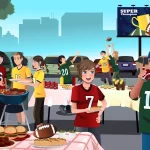 NFL Tailgate - Eine Gruppe von Menschen genießt auf einem Parkplatz das ultimative Tailgate Erlebnis und trägt Footballtrikots. Sie grillen Essen, halten Teller und werfen einen Football. Eine Anzeigetafel mit „Super Champion“ und einer Trophäe ist zu sehen. Die Tische sind mit Burgern, Snacks und Getränken gefüllt, vor der Kulisse von Autos und einer Stadtsilhouette. Diese Beschreibung wurde mit der FootballR KI automatisch generiert.