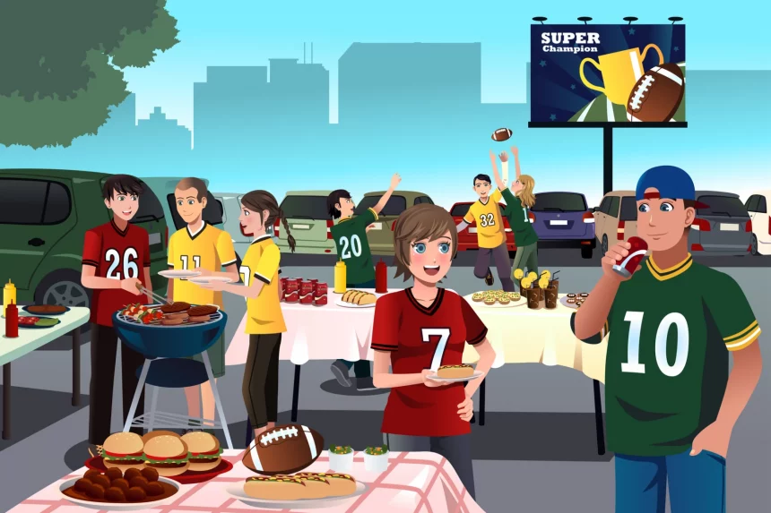 NFL Tailgate - Eine Gruppe von Menschen genießt auf einem Parkplatz das ultimative Tailgate Erlebnis und trägt Footballtrikots. Sie grillen Essen, halten Teller und werfen einen Football. Eine Anzeigetafel mit „Super Champion“ und einer Trophäe ist zu sehen. Die Tische sind mit Burgern, Snacks und Getränken gefüllt, vor der Kulisse von Autos und einer Stadtsilhouette. Diese Beschreibung wurde mit der FootballR KI automatisch generiert.