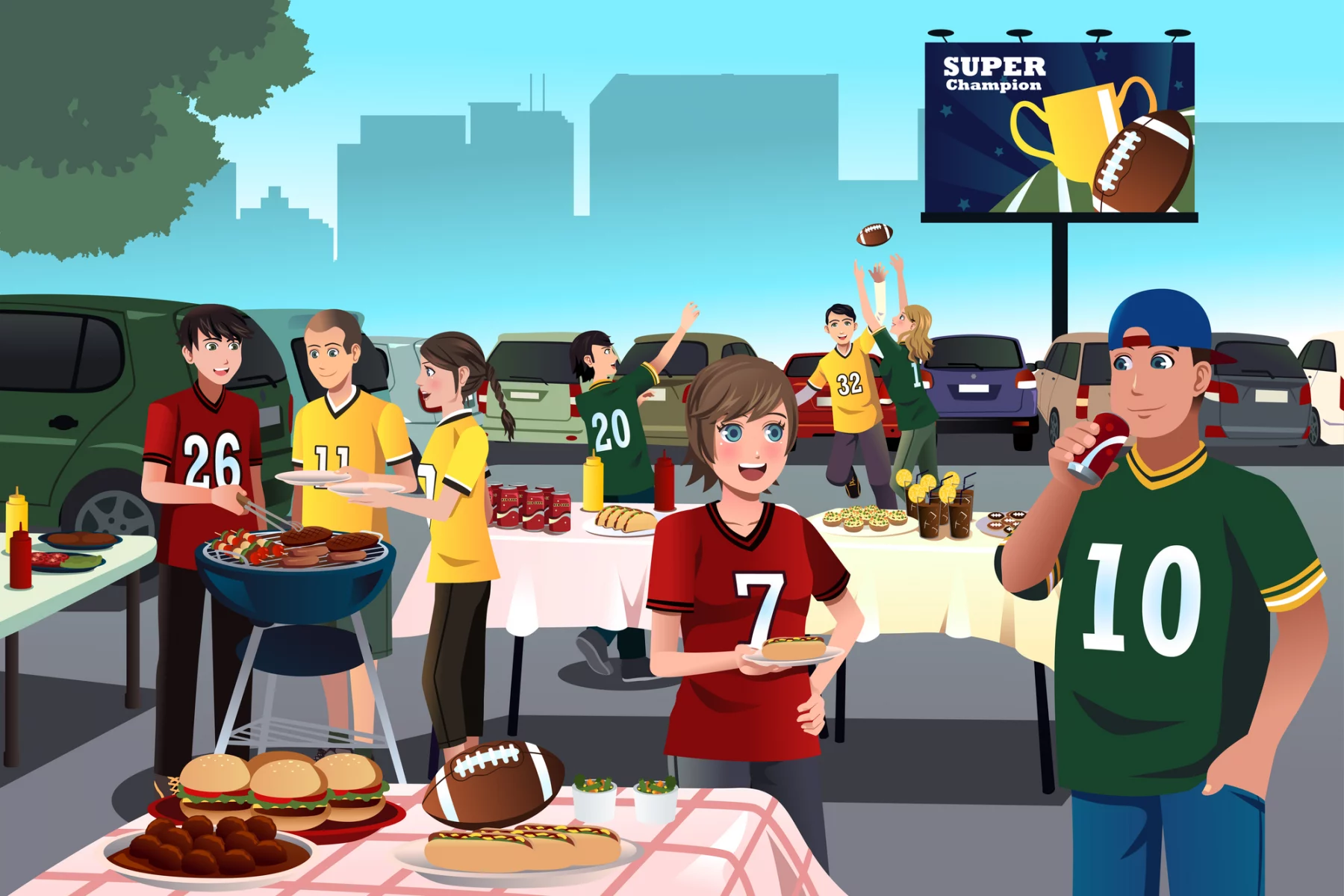 NFL Tailgate - Eine Gruppe von Menschen genießt auf einem Parkplatz das ultimative Tailgate Erlebnis und trägt Footballtrikots. Sie grillen Essen, halten Teller und werfen einen Football. Eine Anzeigetafel mit „Super Champion“ und einer Trophäe ist zu sehen. Die Tische sind mit Burgern, Snacks und Getränken gefüllt, vor der Kulisse von Autos und einer Stadtsilhouette. Diese Beschreibung wurde mit der FootballR KI automatisch generiert.