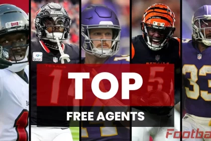 Eine Collage aus fünf American-Football-Spielern in Uniformen, jeder in einem separaten vertikalen Streifen. Der darüber gelegte Text lautet „Top Free Agents“. Im Hintergrund sind Spieler der Buccaneers, Texans, Vikings, Bengals und Chiefs zu sehen. Das Logo in der unteren rechten Ecke lautet „FootballR“. Diese Beschreibung wurde mit der FootballR KI automatisch generiert.